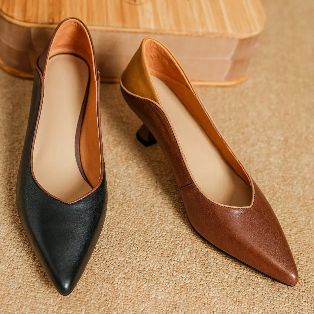 Elena Leather Heeled Pumps – Women’s Pointed Toe Two-Tone Shoes