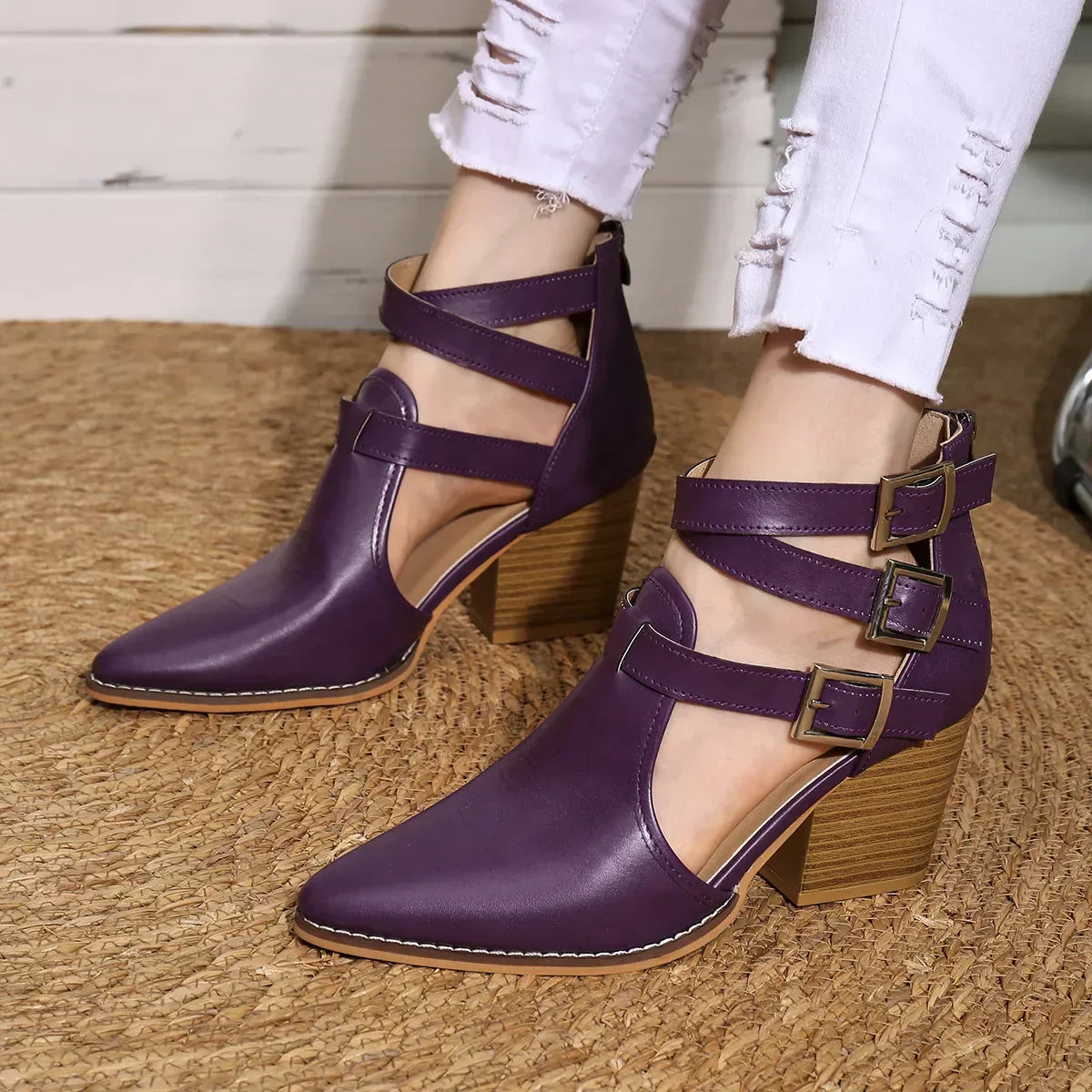 Elena Buckle Strap Block-Heel Booties