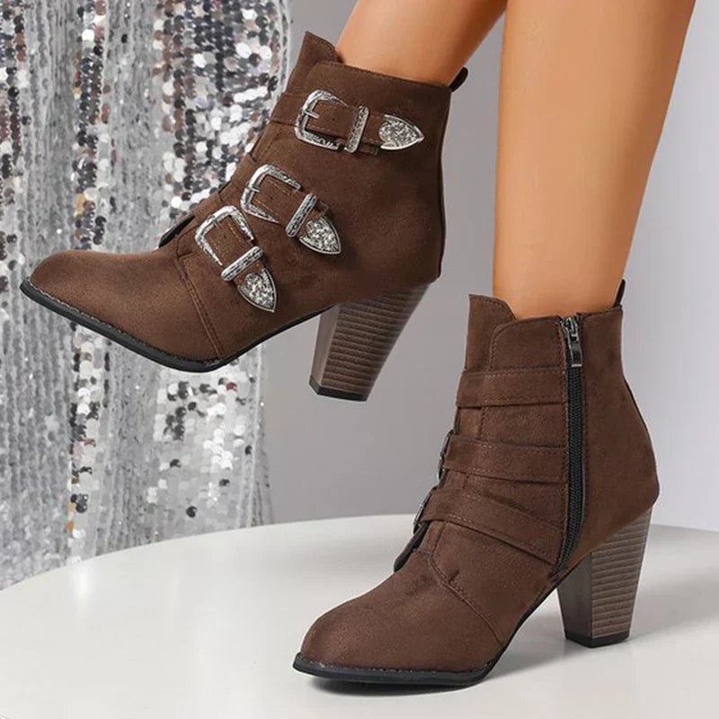 Camille Triple-Buckle Block-Heel Ankle Boots