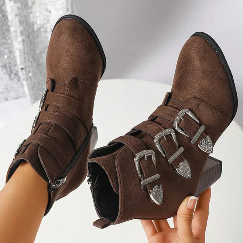 Camille Triple-Buckle Block-Heel Ankle Boots