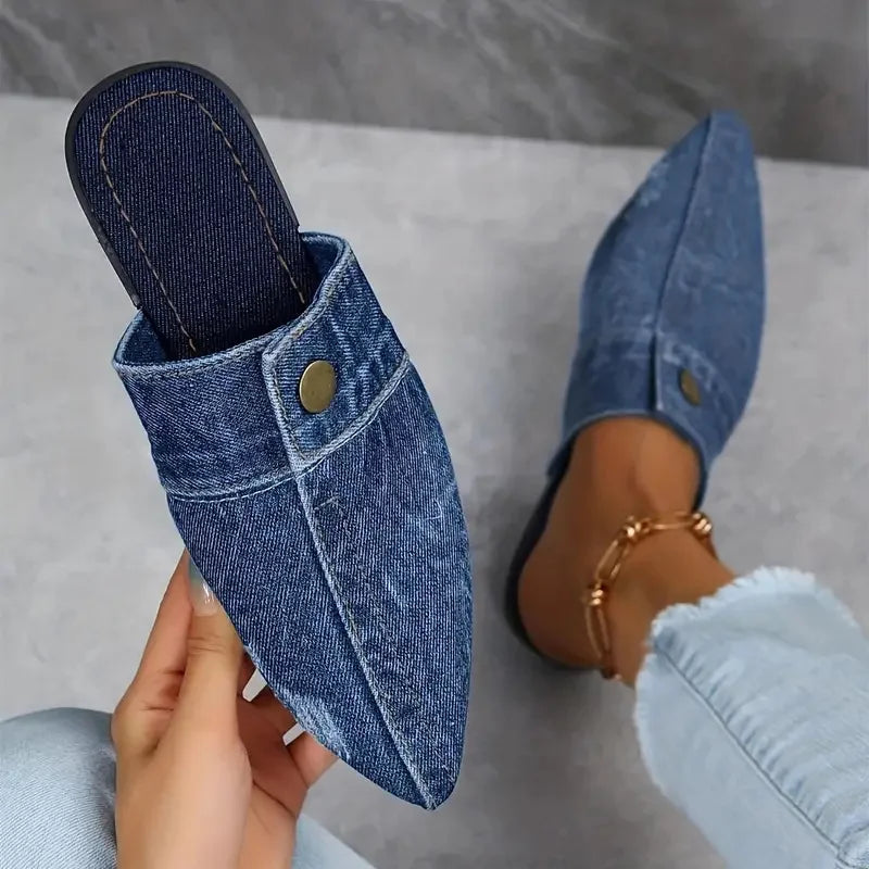 Bella Denim Slide Mules – Pointed-Toe Flat Slippers