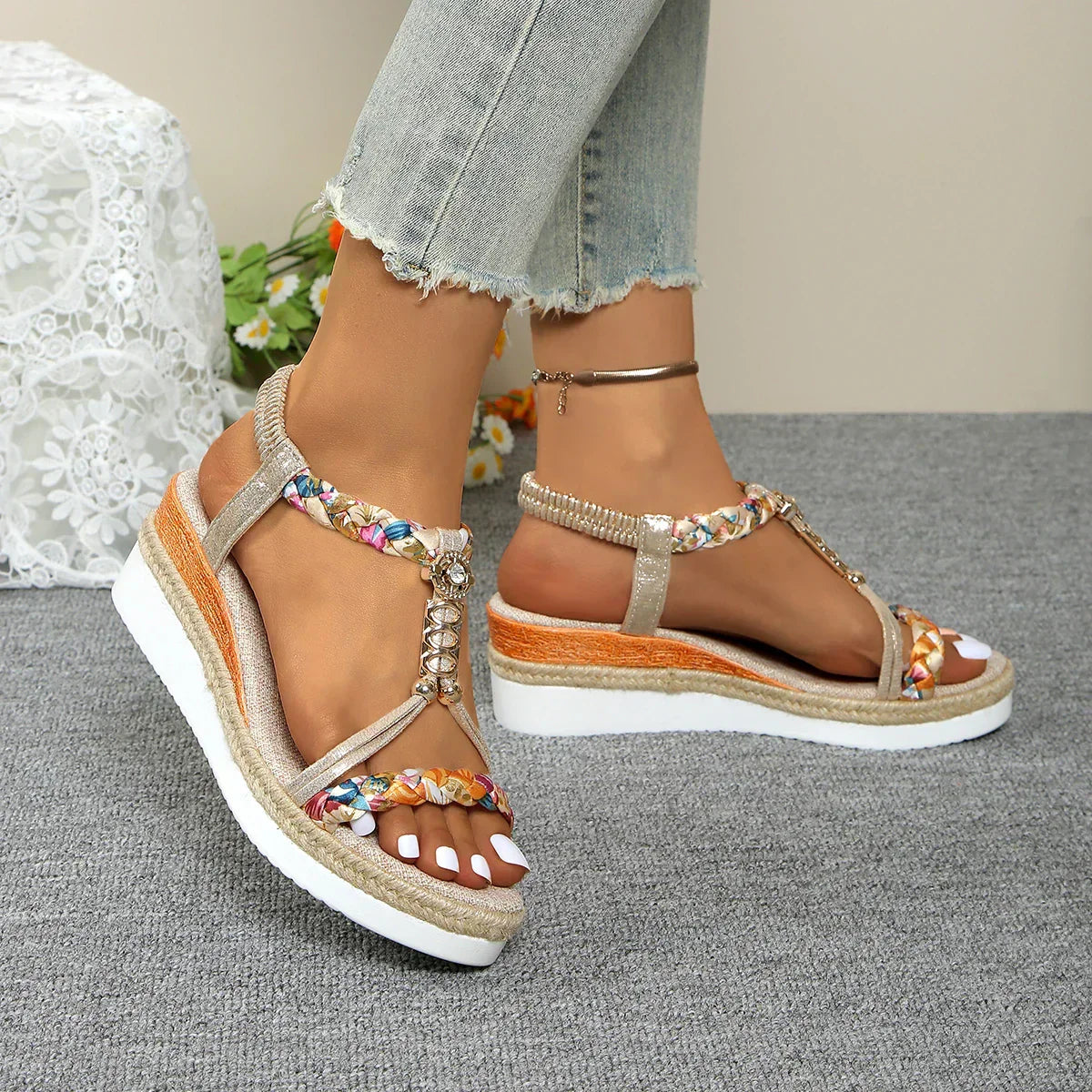 Bianca Orthopedic Wedge Sandals – Braided Slip-On with Arch Support