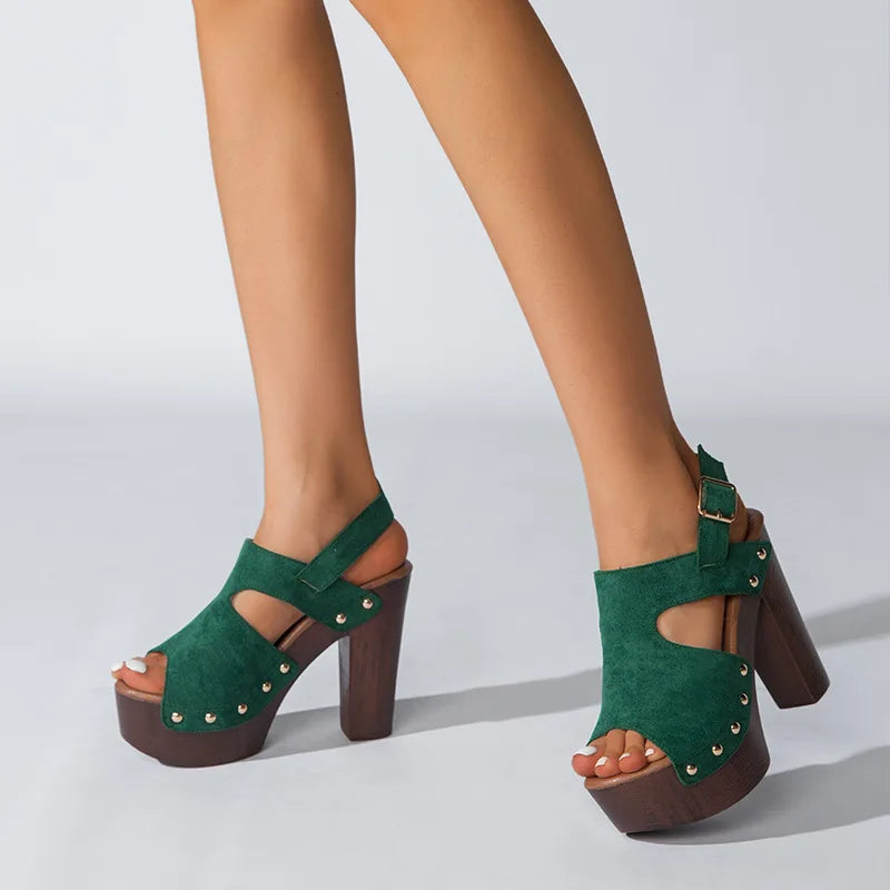 Valentina Suede Platform Sandals – Women’s Rivet Cutout Heels