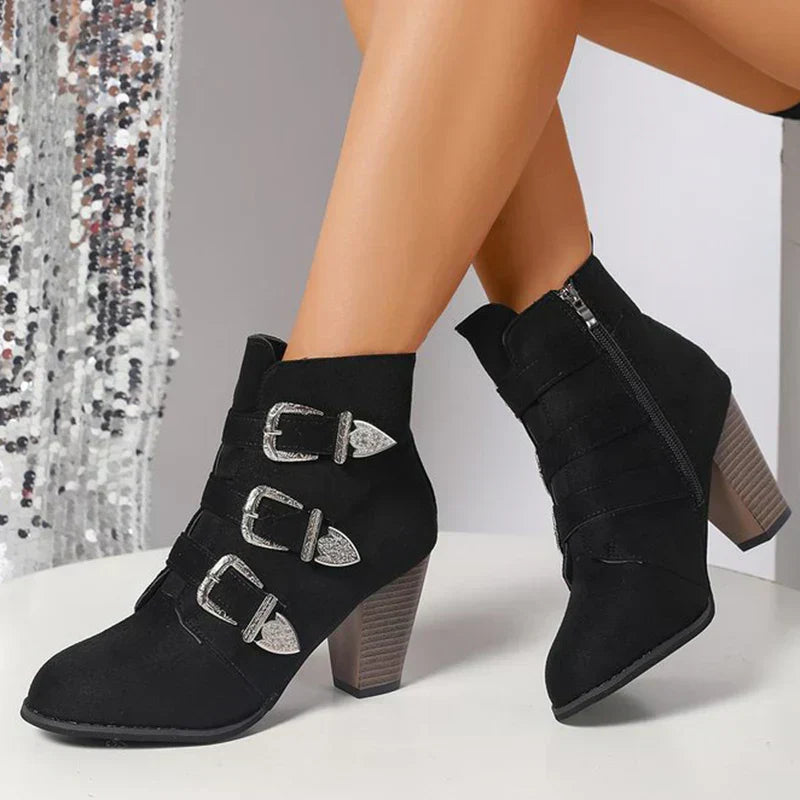 Camille Triple-Buckle Block-Heel Ankle Boots