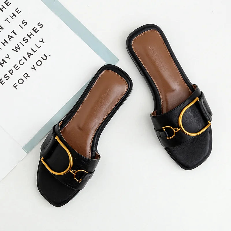 Sophia Designer Slide Sandals – Women’s Square Toe Leather Flats