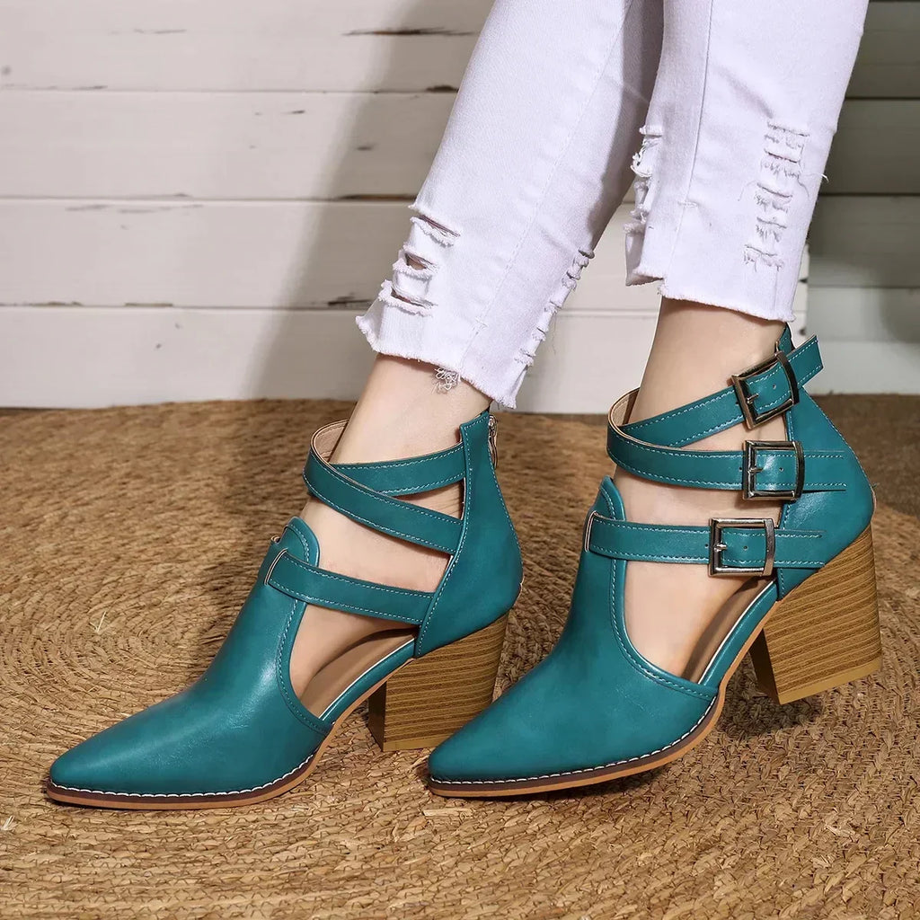 Elena Buckle Strap Block-Heel Booties