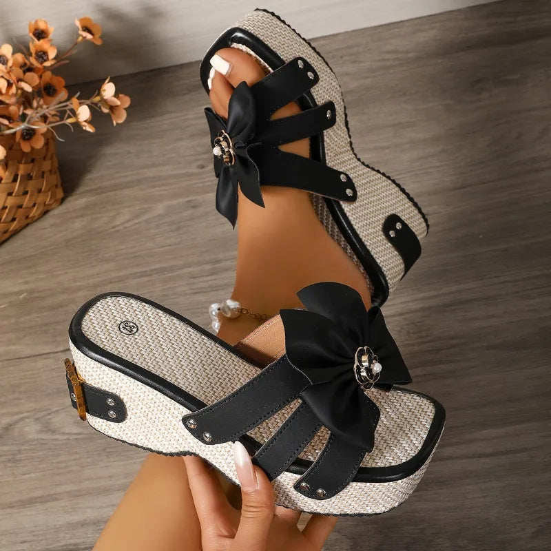 Aurora Bow Platform Sandals – Slip-Ons with Floral Accent