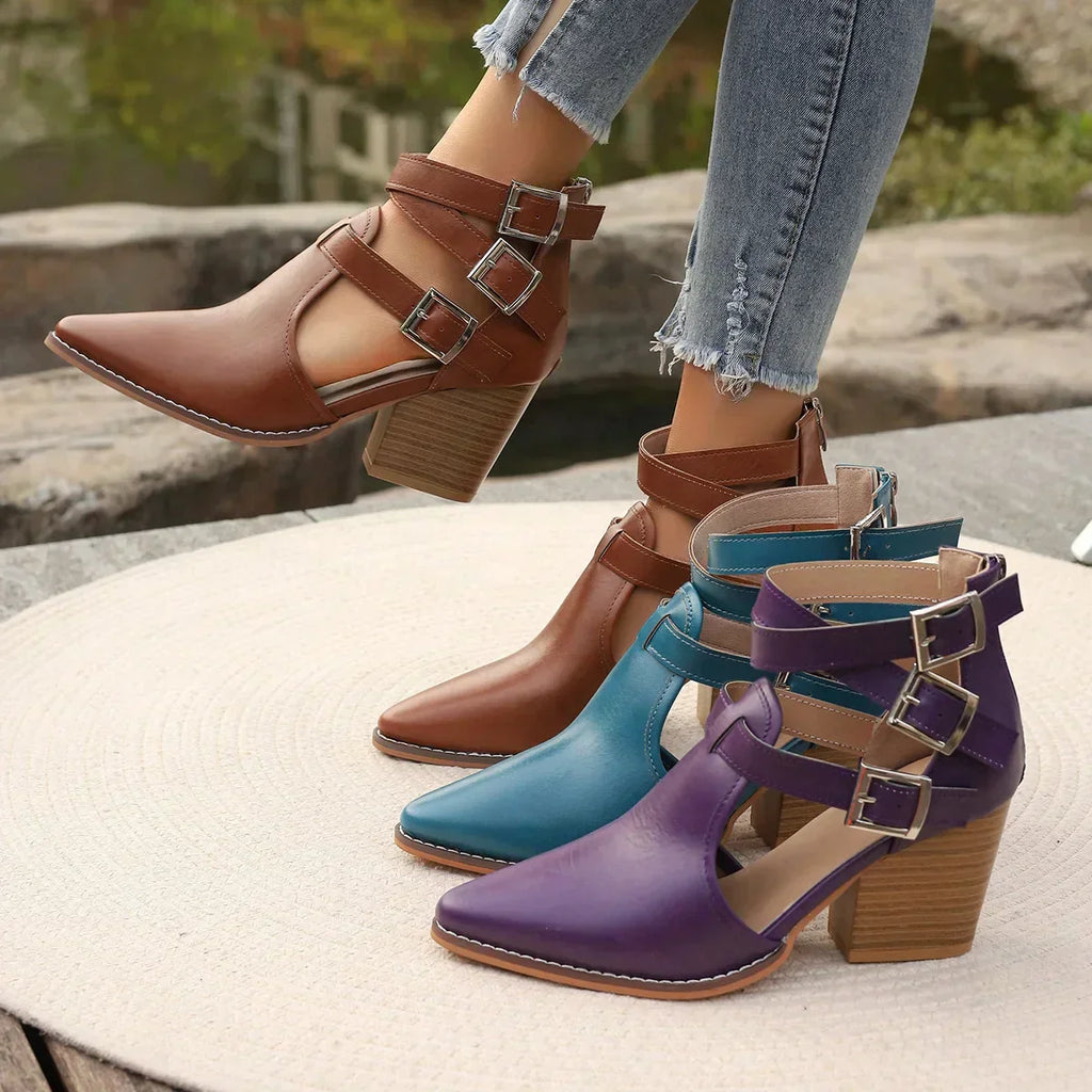 Elena Buckle Strap Block-Heel Booties