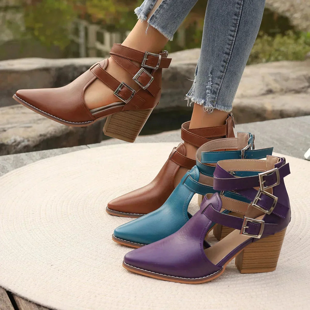 Elena Buckle Strap Block-Heel Booties
