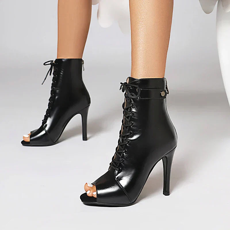 Mia Peep-Toe Stiletto Boots – Women’s Lace-Up Ankle Heels