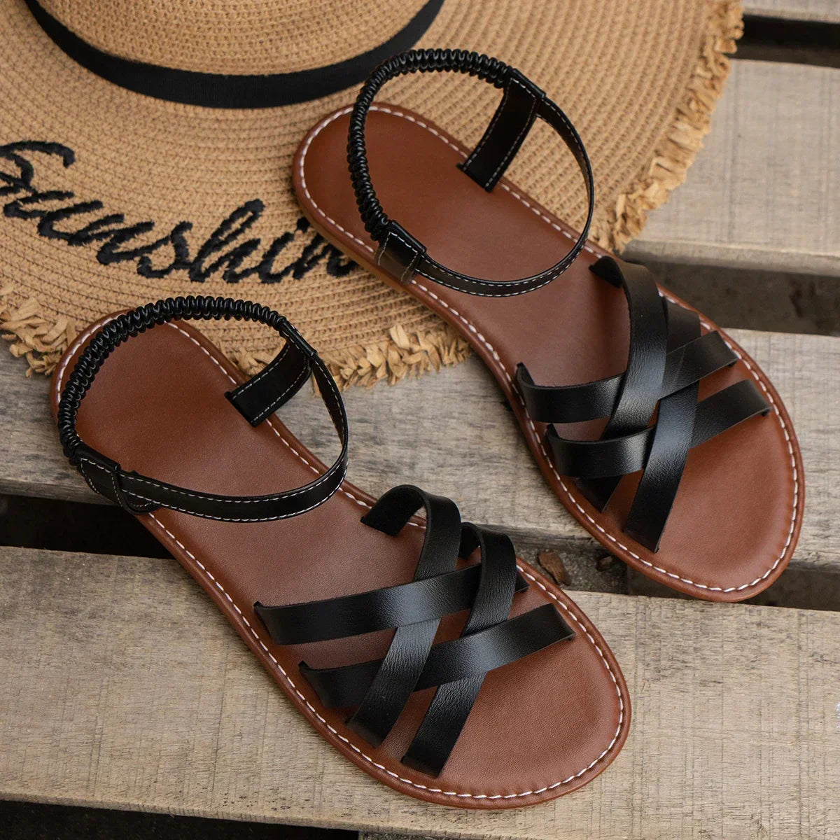 Callie Leather Flat Sandals – Women's Roman Strap Slip-On with Non-Slip Rubber Sole