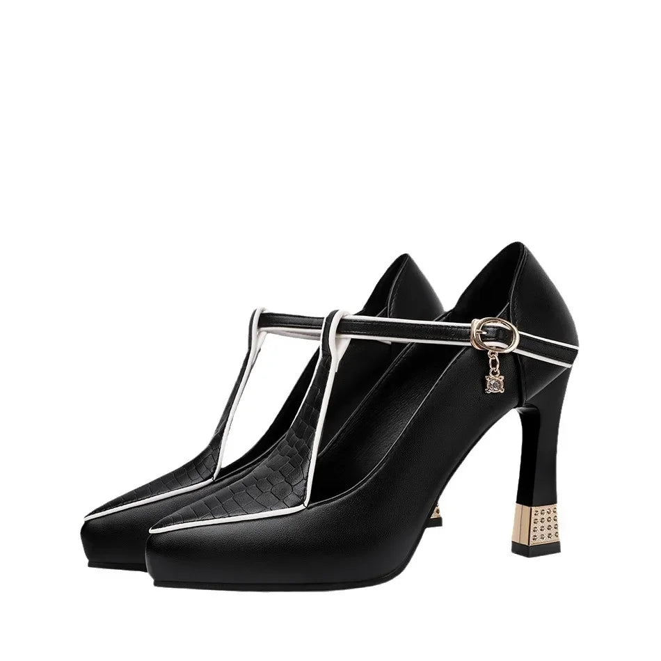 Colette T-Strap Heels - Women’s Pointed Toe Block Pumps with Gold Charm