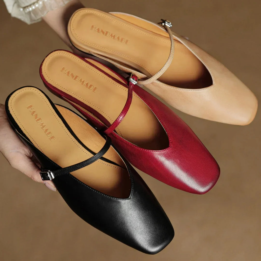 Elena Genuine Leather Square-Toe Mules