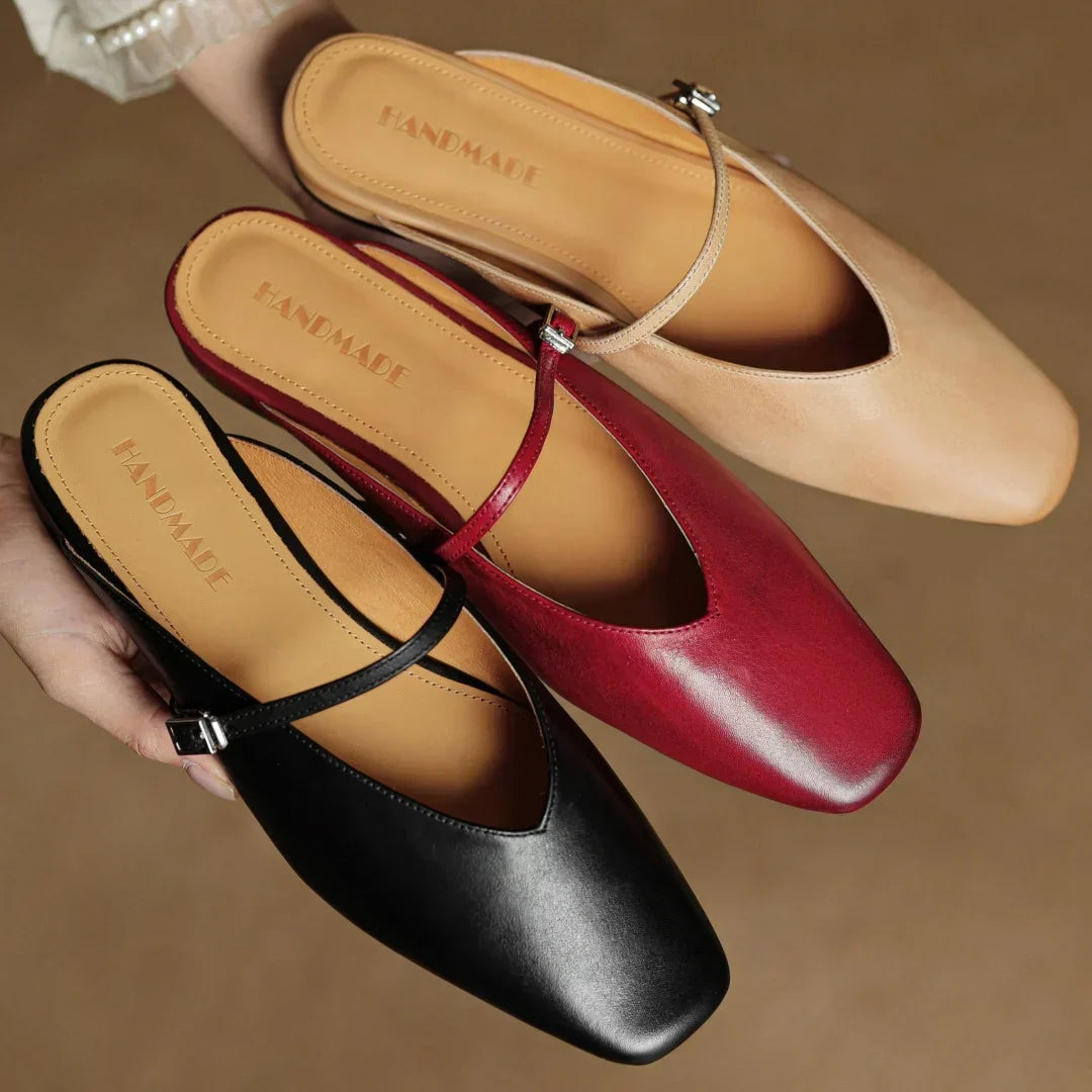 Elena Genuine Leather Square-Toe Mules