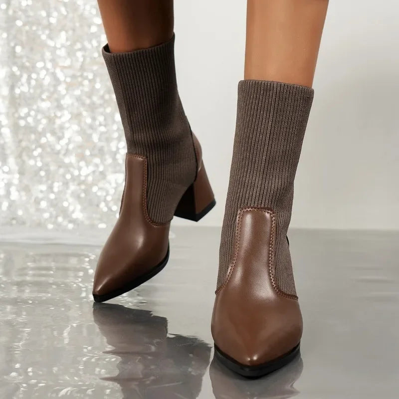 Giulia Knit-Cuff Block Heel Boots