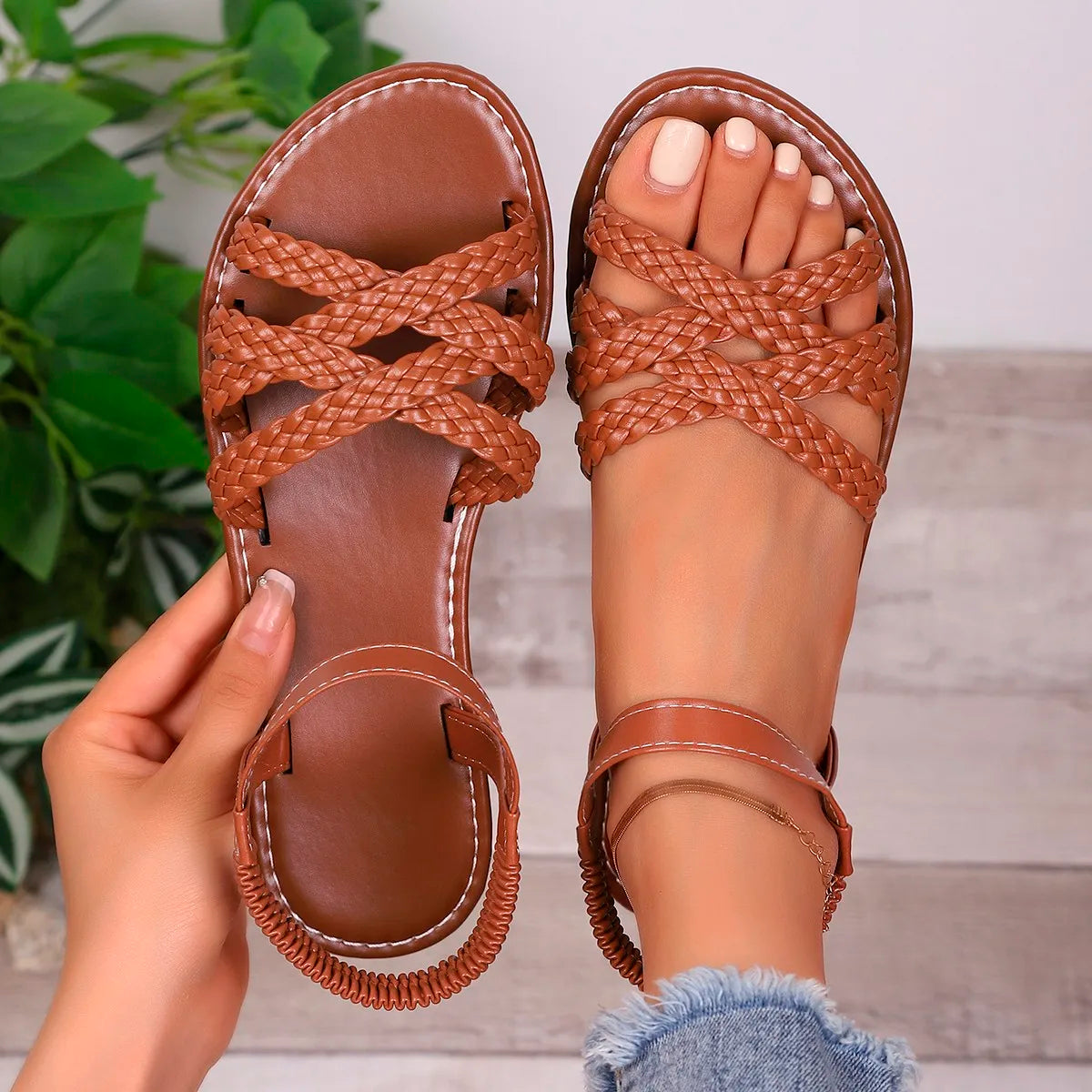 Callie Leather Flat Sandals – Women's Roman Strap Slip-On with Non-Slip Rubber Sole